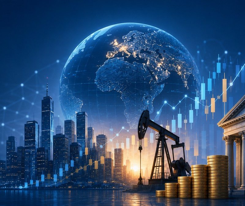 Global market outlook 2026 graphic showing AI, energy prices, interest rates, political risk, financial charts and a global economy theme.