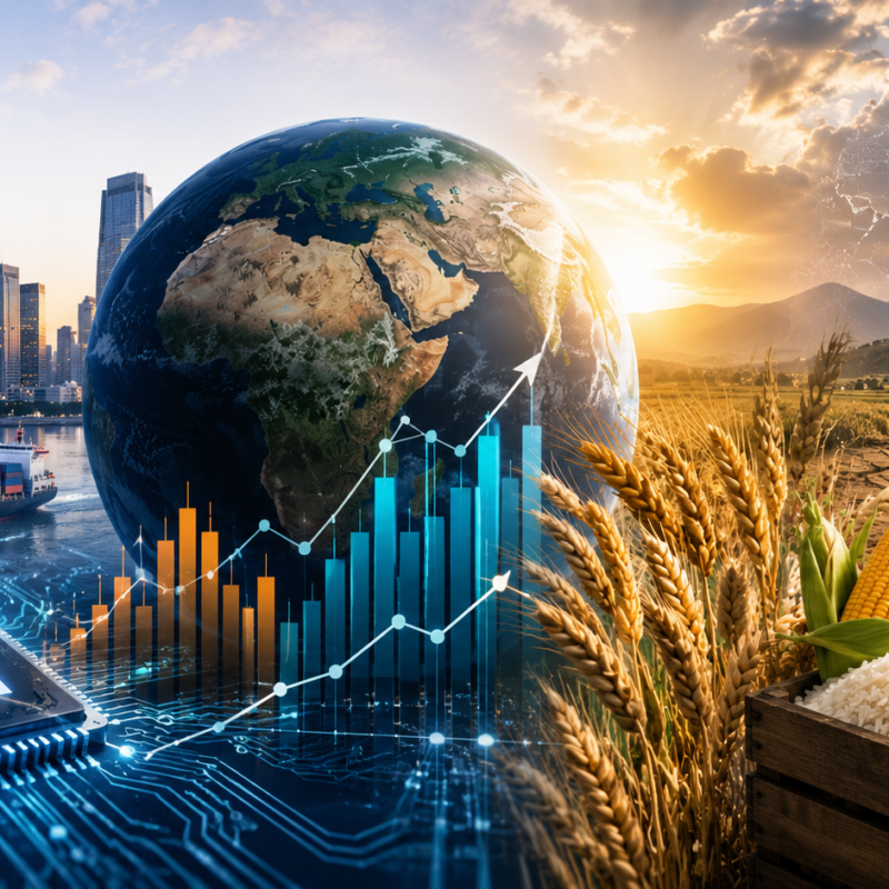 Global market outlook image showing AI technology, financial charts, agriculture, food commodities and climate-related inflation risks.