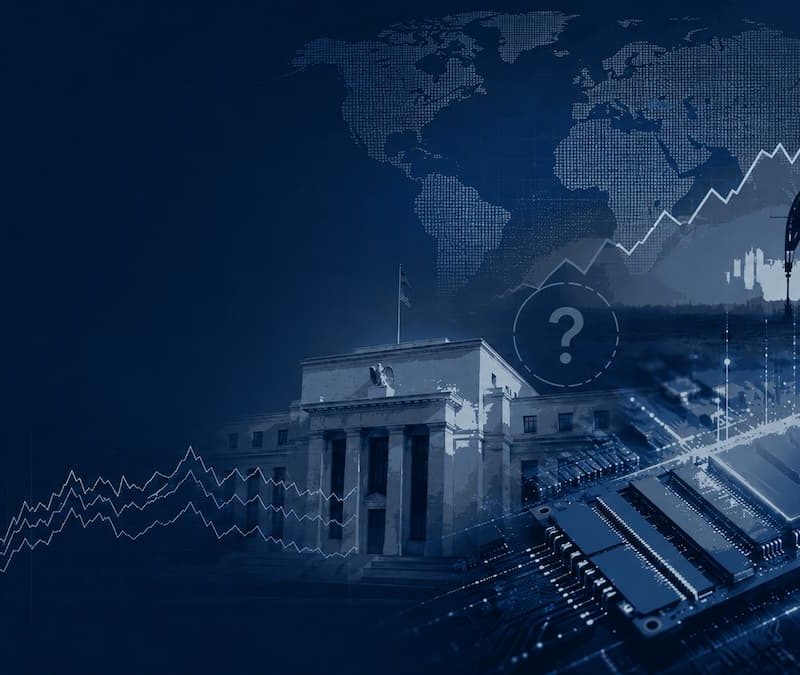 Financial markets illustration showing a central bank building, global market charts, an oil pump and semiconductor circuitry representing geopolitics, Fed uncertainty and the AI memory boom.