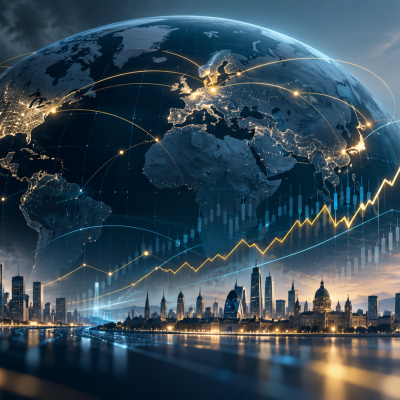 Illustration of global financial markets showing a connected world map, city skylines and rising market charts, representing resilient equities, higher bond yields and AI-driven market optimism in 2026